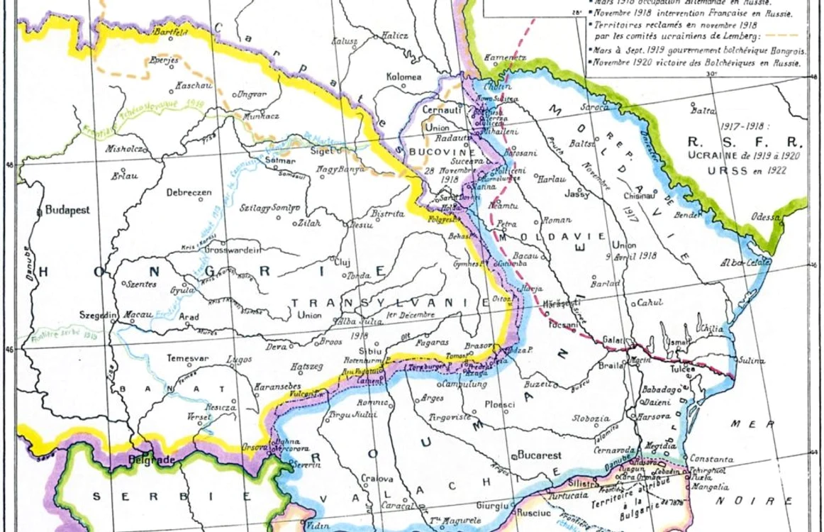 Hartă din „Atlasul Pământului românesc de-a lungul vremilor” de N.P. Comnenul, 1920: România la Tratatul de la Bucureşti (cu albastru); la sud-vest de linia roşie, zona ocupată de Puterile Centrale.