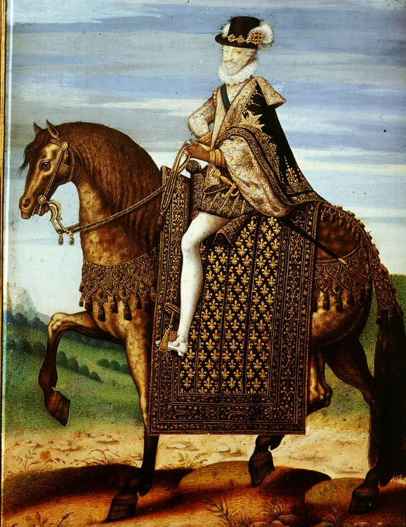 Henric al IV-lea al Franţei şi stema Capeţienilor, crinii, pe veşmântul calului său (pictură aflată în colecţia Musée Condé din Chantilly); dintr-un bastard al lui Henric s-ar fi născut Blarembergii