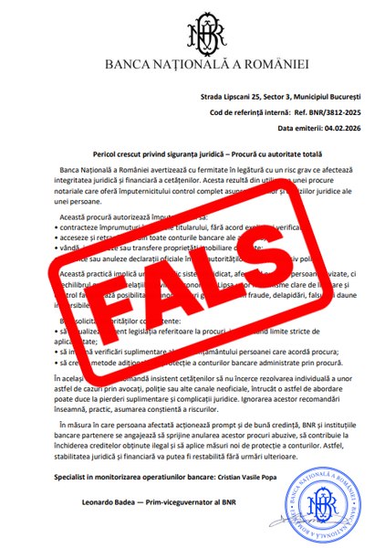 BNR avertizează asupra unui document fals care circulă online și poartă sigla instituției