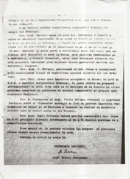Pagina a doua a procesului verbal din „ședința rușinii” a Academiei, din 7 martie 1951