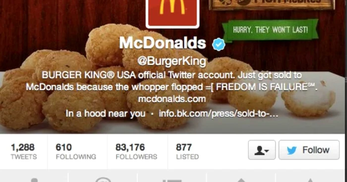 Hackerii au înlocuit logo-ul şi numele Burger King cu cele ale McDonalds FOTO readwrite.com/Twitter