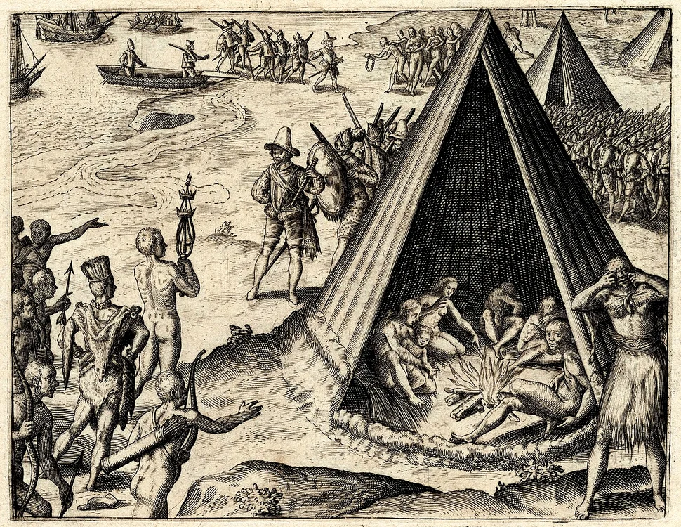 Debarcarea lui Francis Drake în California, desen de Theodor de Bry (1590)