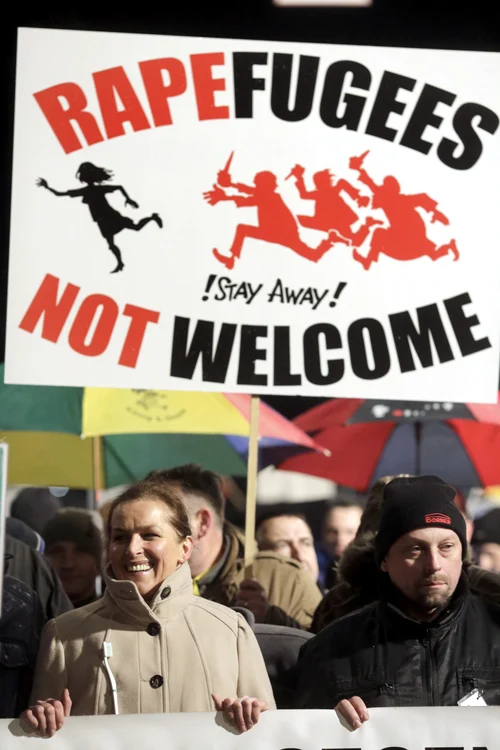 Demonstranții au fluturat pancarte împotriva refugiaților violatori