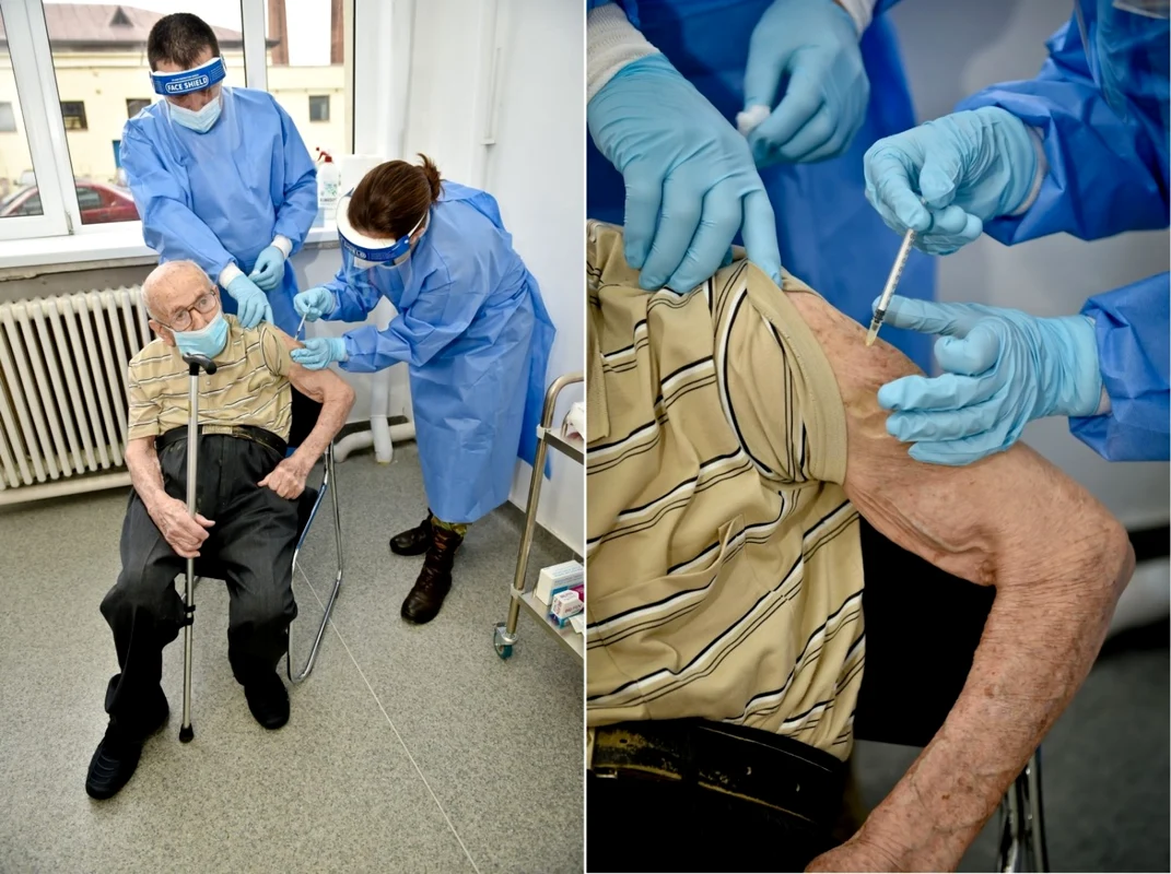 Cel mai longeviv antrenor emerit de tenis veteranul de război - colonel în retragere Eugen Vătăşescu de 100 de ani din Râmnicu Vâlcea la vaccinarea antiCOVID Foto colaj - Radu Petroşel