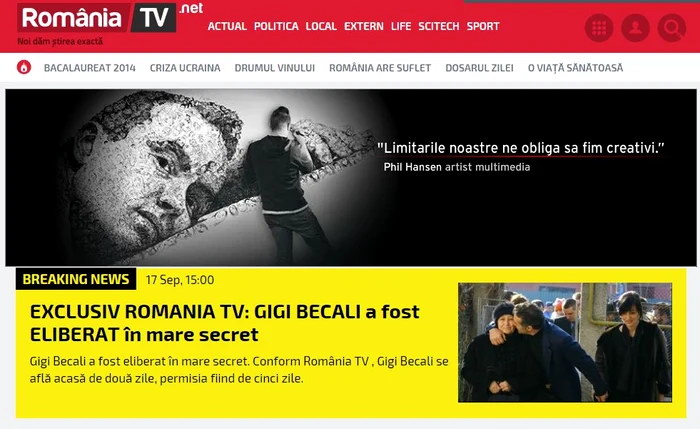 Site-ul România Tv anunţă că Gigi Becali a fost eliberat
