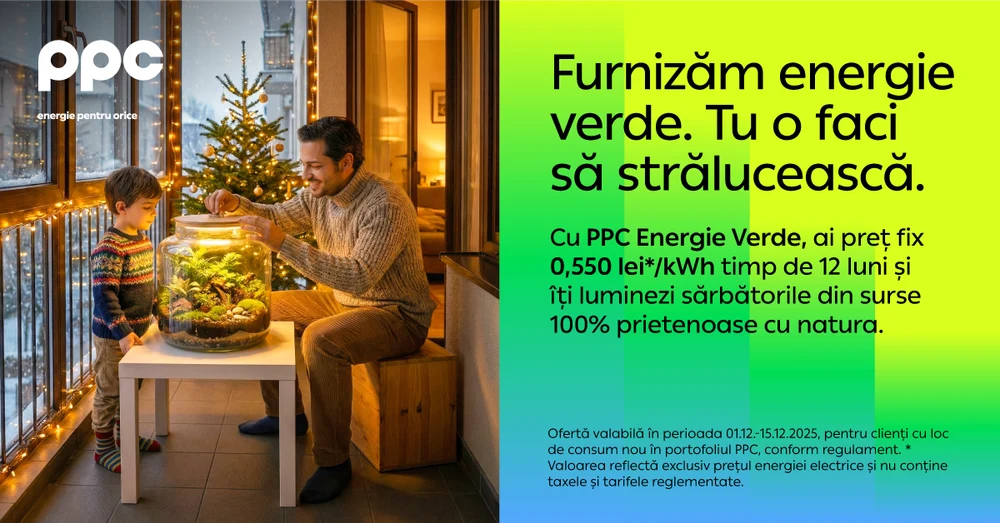 PPC Energie vine cu o ofertă nouă înainte de sărbători pentru PPC Energie Verde — energie 100% regenerabilă la un preț „verde” garantat un an