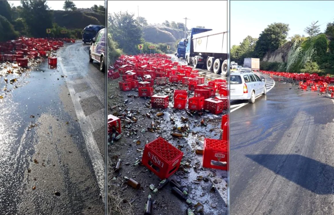 Imagine de la locul incidentul în care a fost implicat camionul cu bere FOTO GSDG/Facebook