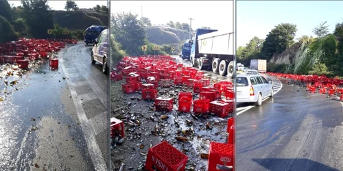 Imagine de la locul incidentul în care a fost implicat camionul cu bere FOTO GSDG/Facebook
