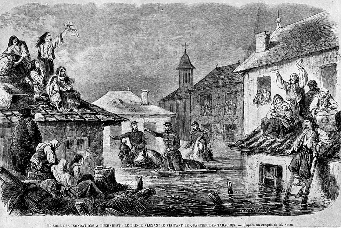 Domnitorul Al.I. Cuza, într-o gravură de epocă, inspectând călare mahalaua Tabaci (actualul Timpuri Noi) în timpul marilor inundații din 1864