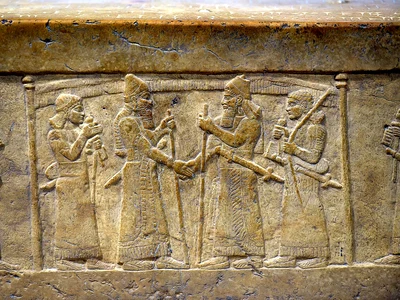 Salmanasar al III-lea îl întâmpină pe Marduk-zakir-șumi, regele Babilonului (© Wikimedia Commons)