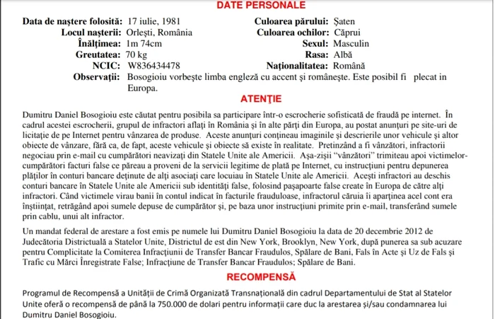 Daniel Dumitru Boşogioiu - semnalmentele FBI pentru aghiotantul celui mai vânat român prins de Poliţia Capitalei Foto FBI