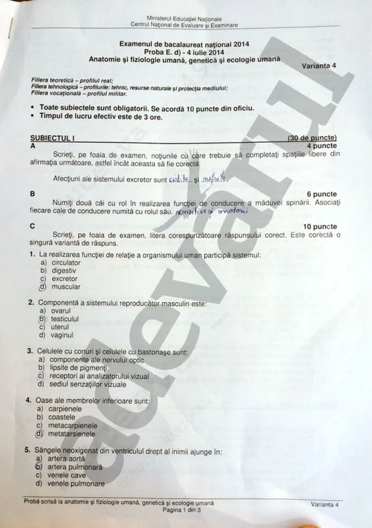 Subiectele la Biologie - Bac 2014