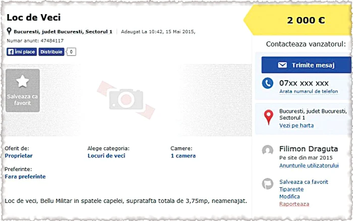 Loc de veci. Soţia actorului a scos la vânzare groapa pentru 2.000 de euro