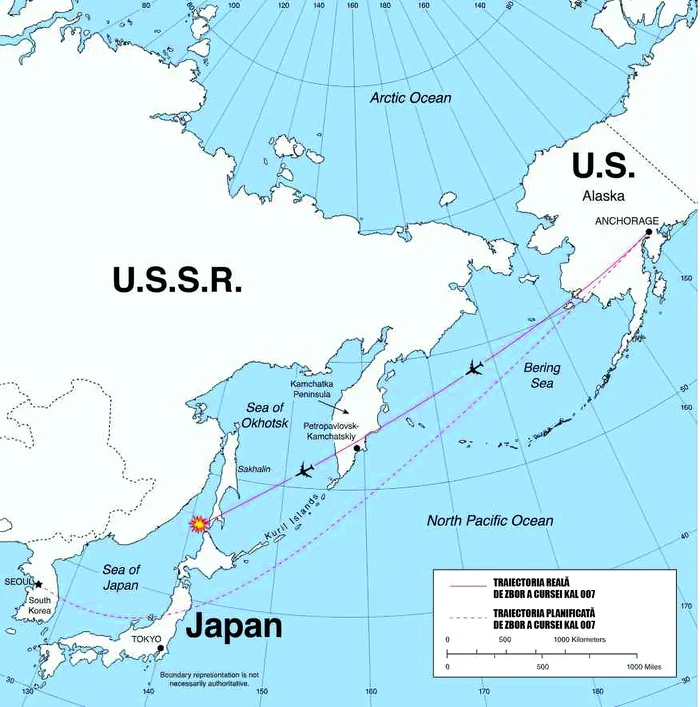 O hartă publicată de CIA care arată ruta de zbor reală a cursei KAL 007 (© Wikimedia Commons)
