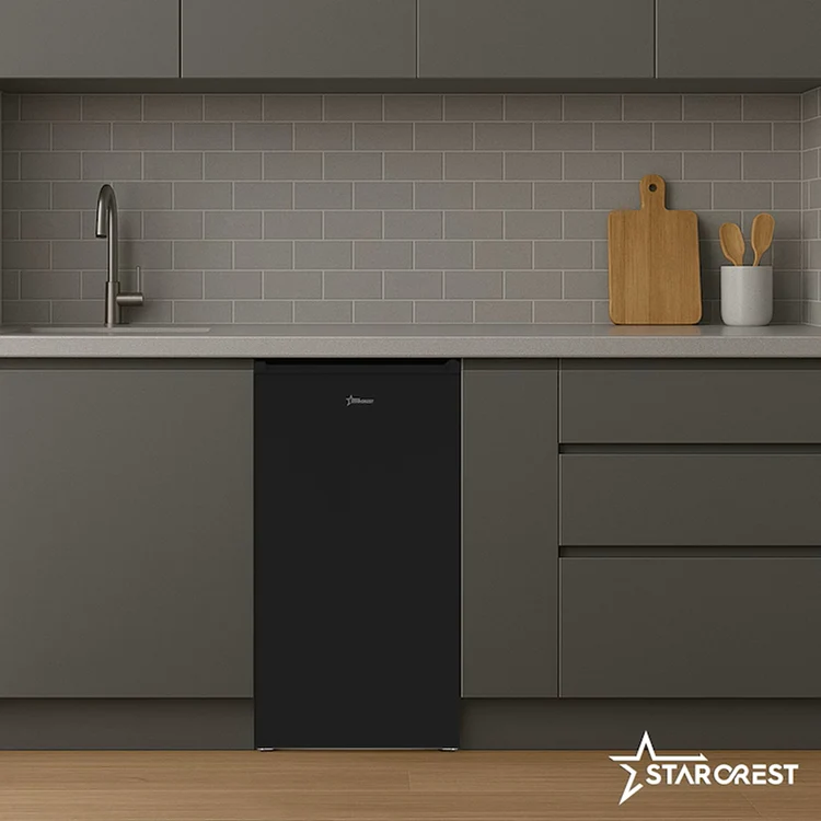 Prezentarea frigiderului compact cu o ușă Starcrest SF-83BK-E într-o bucătărie modernă Foto eMAG