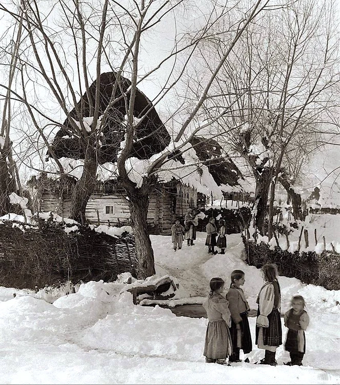 Iarna în anii '30 la Lunca Cernii, Hunedoara. Foto: Denis Galloway Arhiva MET