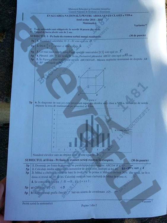 Evaluarea națională 2015 - Subiecte Matematică