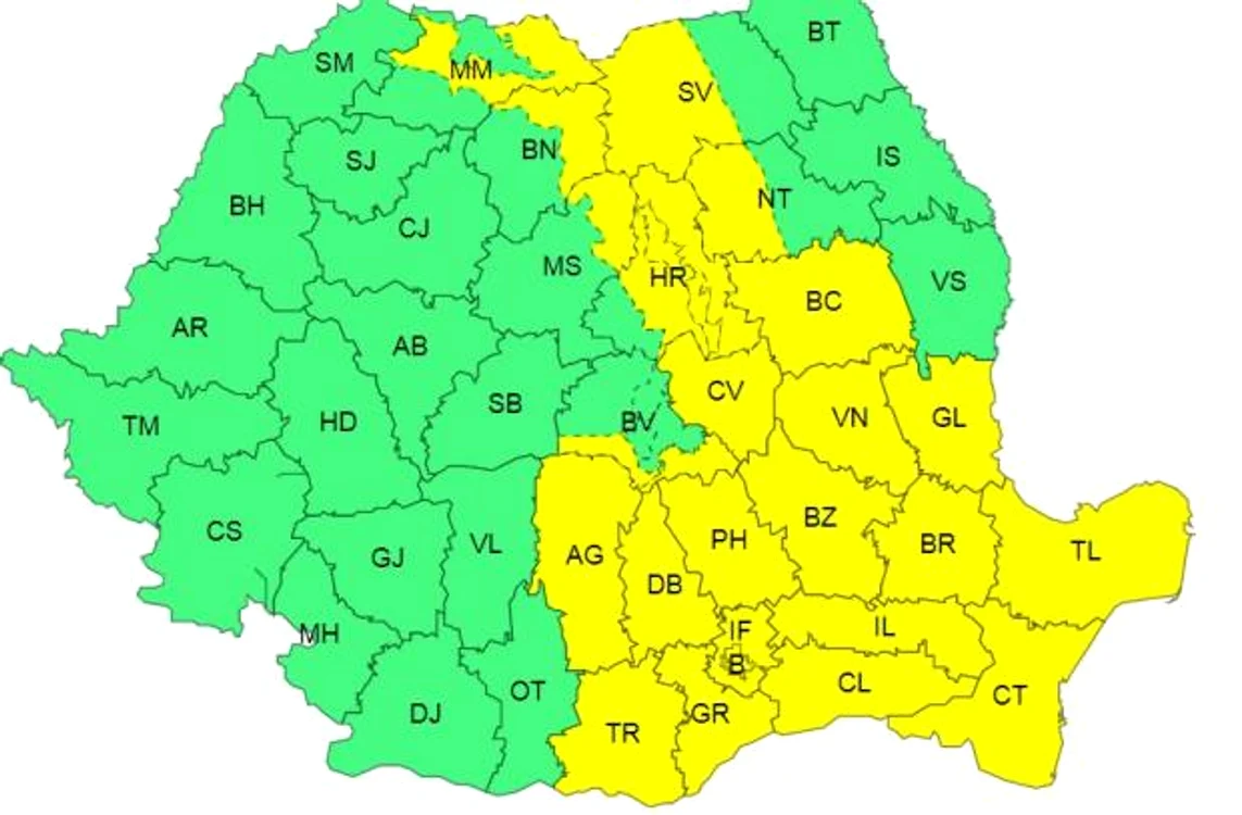 Codul galben este valabil între orele 12:00 și 19:00