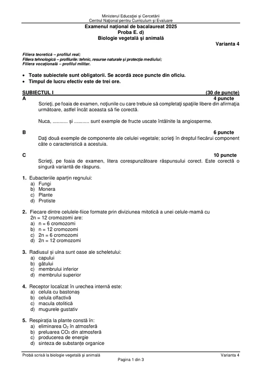 Bacalaureat 2025 - sesiunea de toamnă. Elevii au susținut proba la alegere a profilului. Subiecte și bareme de corectare 6 Subiectele probei Biologie vegetală și animală, sesiunea august