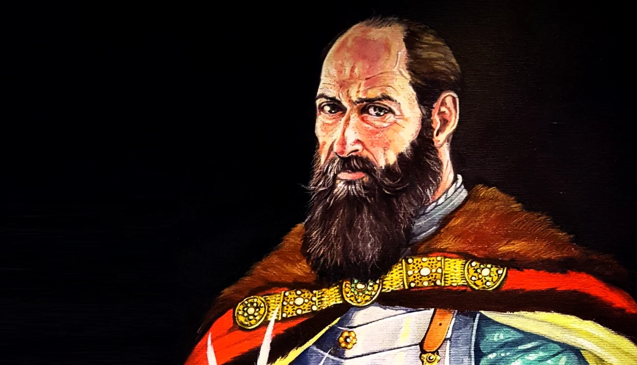 Portret al lui Mihai Viteazul având ca sursă de inspirație gravura lui Giovanni Orlandi din 1598, în care domnitorul muntean este reprezentat cu capul descoperit. Ilustrație: Cătălin Drăghici