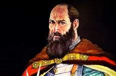 Portret al lui Mihai Viteazul având ca sursă de inspirație gravura lui Giovanni Orlandi din 1598, în care domnitorul muntean este reprezentat cu capul descoperit.  Ilustrație: Cătălin Drăghici