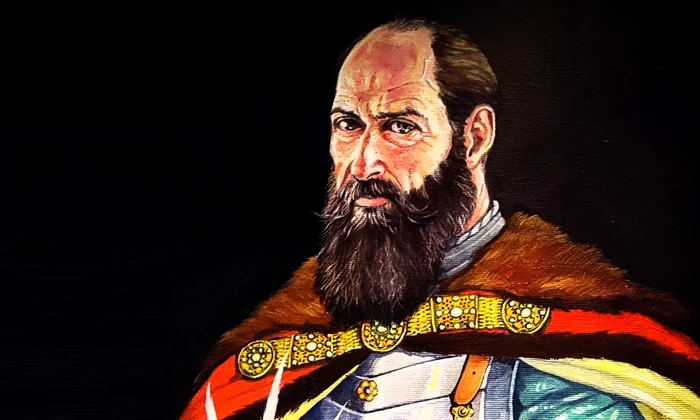Portret al lui Mihai Viteazul având ca sursă de inspirație gravura lui Giovanni Orlandi din 1598, în care domnitorul muntean este reprezentat cu capul descoperit.  Ilustrație: Cătălin Drăghici