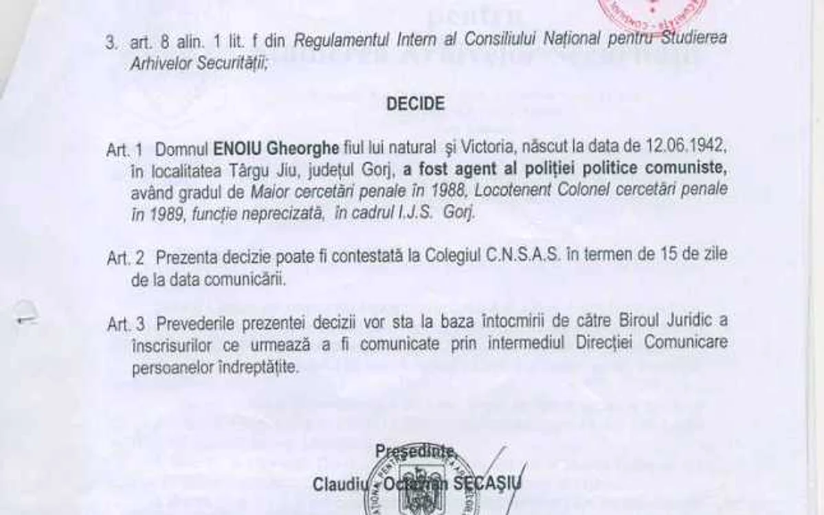 Decizia prin care Enoiu a fost declarat agent al poliţiei politice