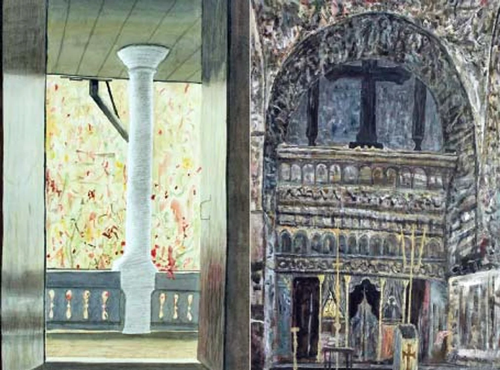 Horia Bernea, Coloana (acuarelă şi cărbune pe hârtie), 1988 în stânga şi Horia Bernea, Tâmpla (ulei pe pânză), 1988  în dreapta Foto: Artmark