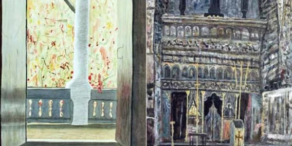 Horia Bernea, Coloana (acuarelă şi cărbune pe hârtie), 1988 în stânga şi Horia Bernea, Tâmpla (ulei pe pânză), 1988  în dreapta Foto: Artmark