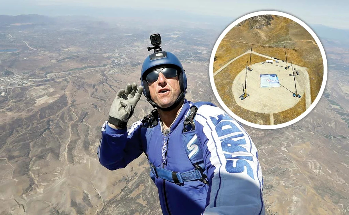 
    Cascadorul va fi ridicat  la peste 7.600 de metri  de un elicopter şi  va sări la punct fix  