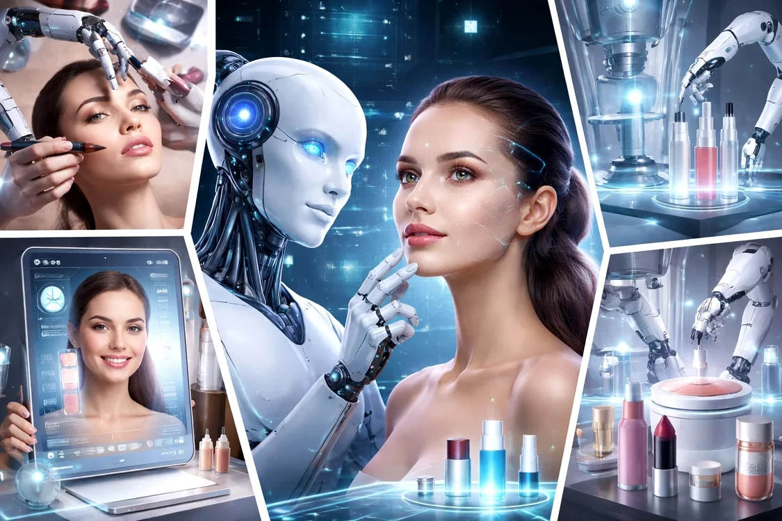Colaj despre frumusețea viitorului, cu femei, roboți, tehnologii cosmetice, dispozitive inteligente