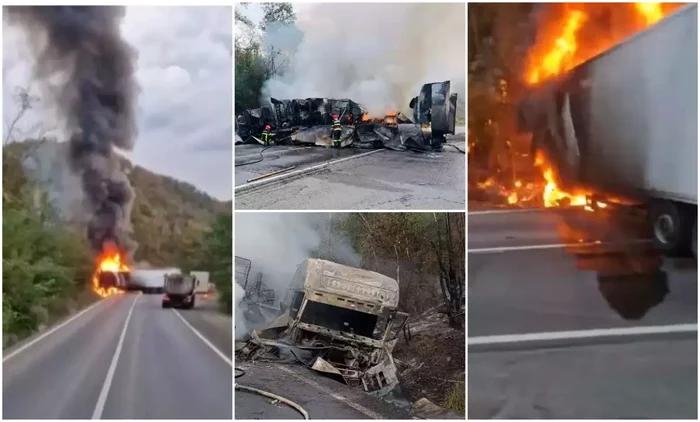 TIR în flăcări pe DN7, între Vărădia de Mureș și Săvârșin.