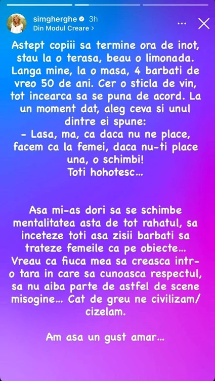 Postarea Simonei Gherghe - Foto: captură Instagram