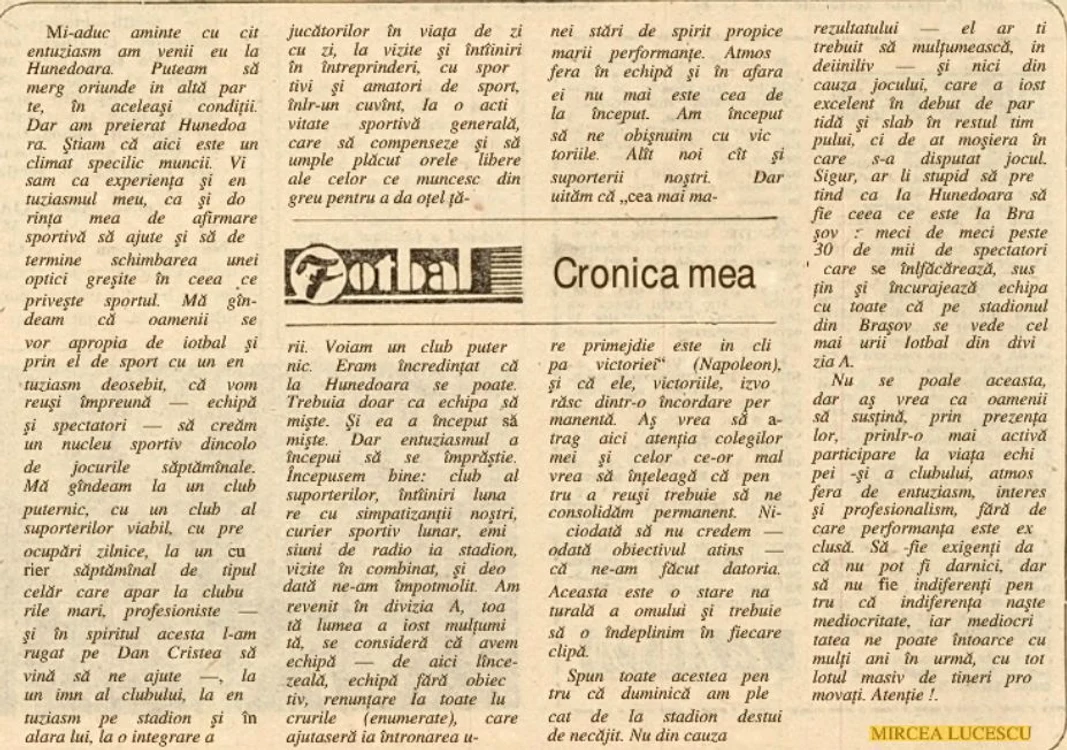 Cronica lui Mircea Lucescu, în 1980. Sursa: Drumul Socialismului