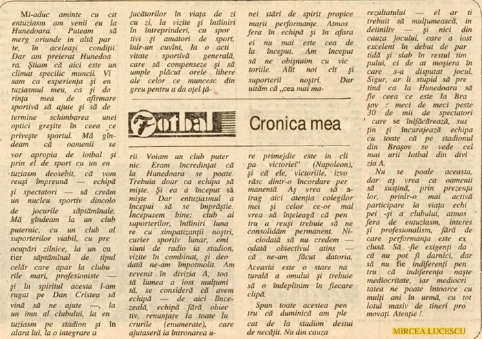 Cronica lui Mircea Lucescu, în 1980. Sursa: Drumul Socialismului