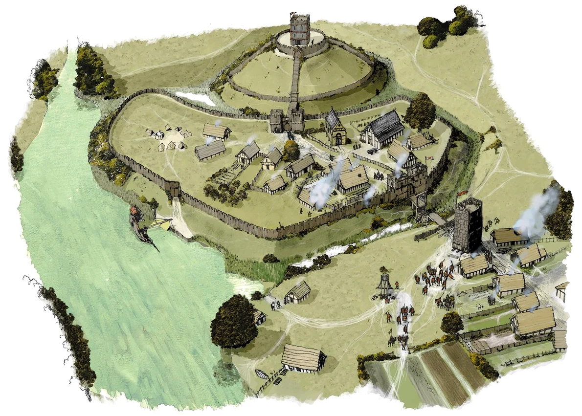  Desen reprezentând castelul medieval de pe dealul Huntingdon, din Anglia. Desen de Jon Cane (©  World History Encyclopedia CC BY-NC-SA)