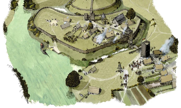  Desen reprezentând castelul medieval de pe dealul Huntingdon, din Anglia. Desen de Jon Cane (©  World History Encyclopedia CC BY-NC-SA)