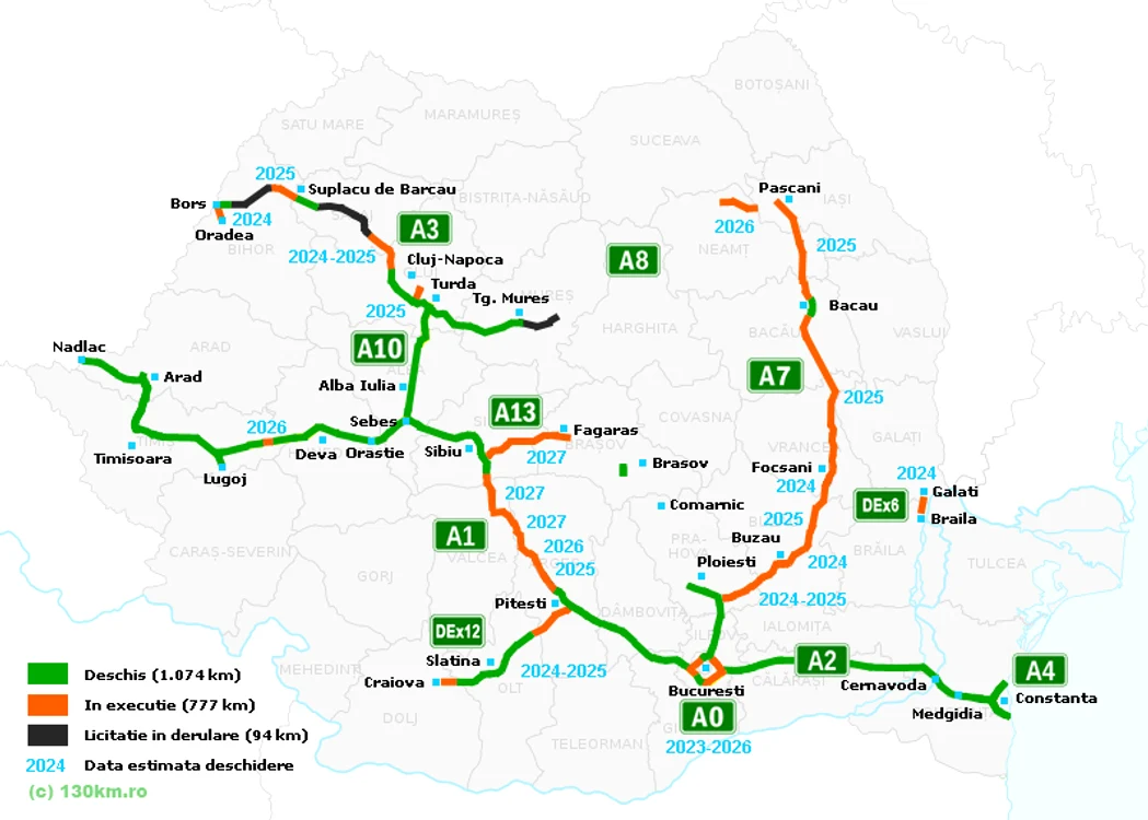 Rețeaua de autostrăzi și drumuri expres din România FOTO 130km.ro