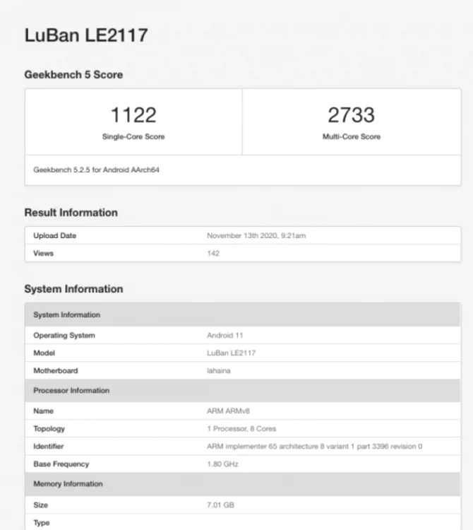 OnePlus 9 Pro Geekbench foto via GSM Arena