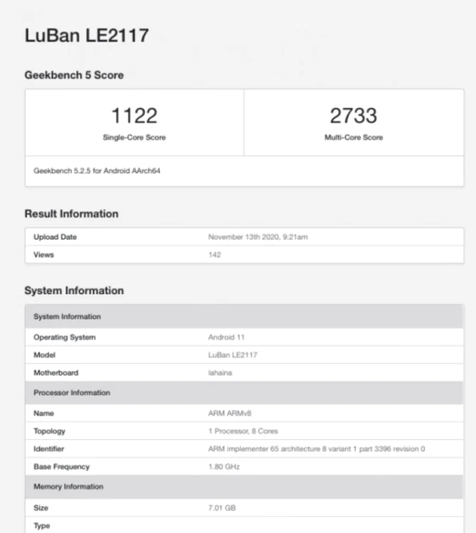 OnePlus 9 Pro Geekbench foto via GSM Arena