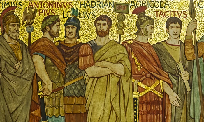 Agricola, printre alți generali și împărați romani. Pictură de William Brassey Hole, în Sala Mare a a Galeriilor Naționale din Scoția (© Wikimedia Commons)