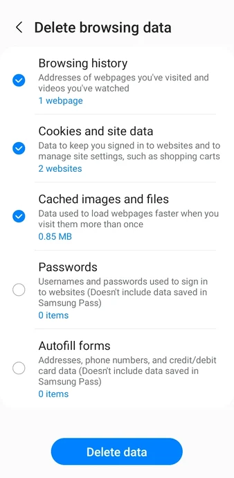 Ștergere cookies Samsung Internet / Captură de ecran