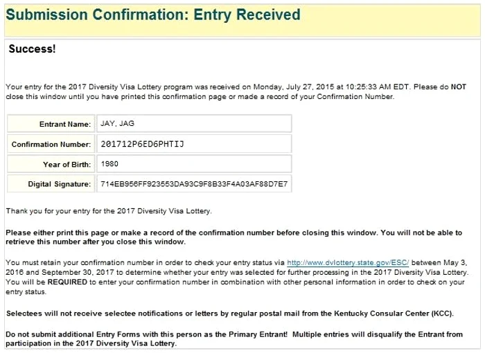 Loteria Vizelor 2017. Așa arată pagina de confirmare a trimiterii aplicației