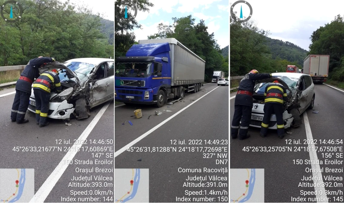 Trafic blocat pe Valea Oltului în urma coliziunii dintre un TIR şi un autoturism la Balota - Racoviţa în Vâlcea pe DN 7 Foto colaj