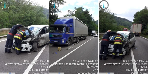 Trafic blocat pe Valea Oltului în urma coliziunii dintre un TIR şi un autoturism la Balota - Racoviţa în Vâlcea pe DN 7 Foto colaj