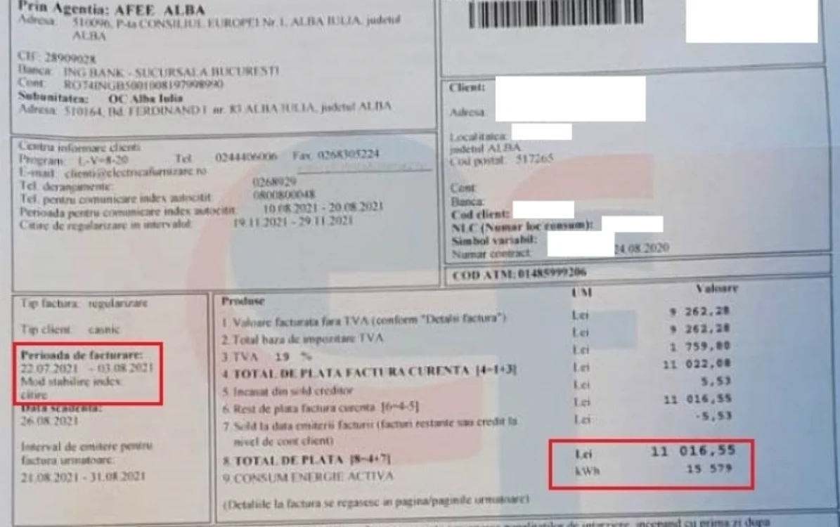 Factura în valoare de peste 11.000 de lei primită de un consumator din Alba. Foto: alba24.ro