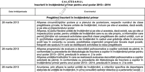 calendar 1 metodologie inscriere clasa pregatitoare 2013