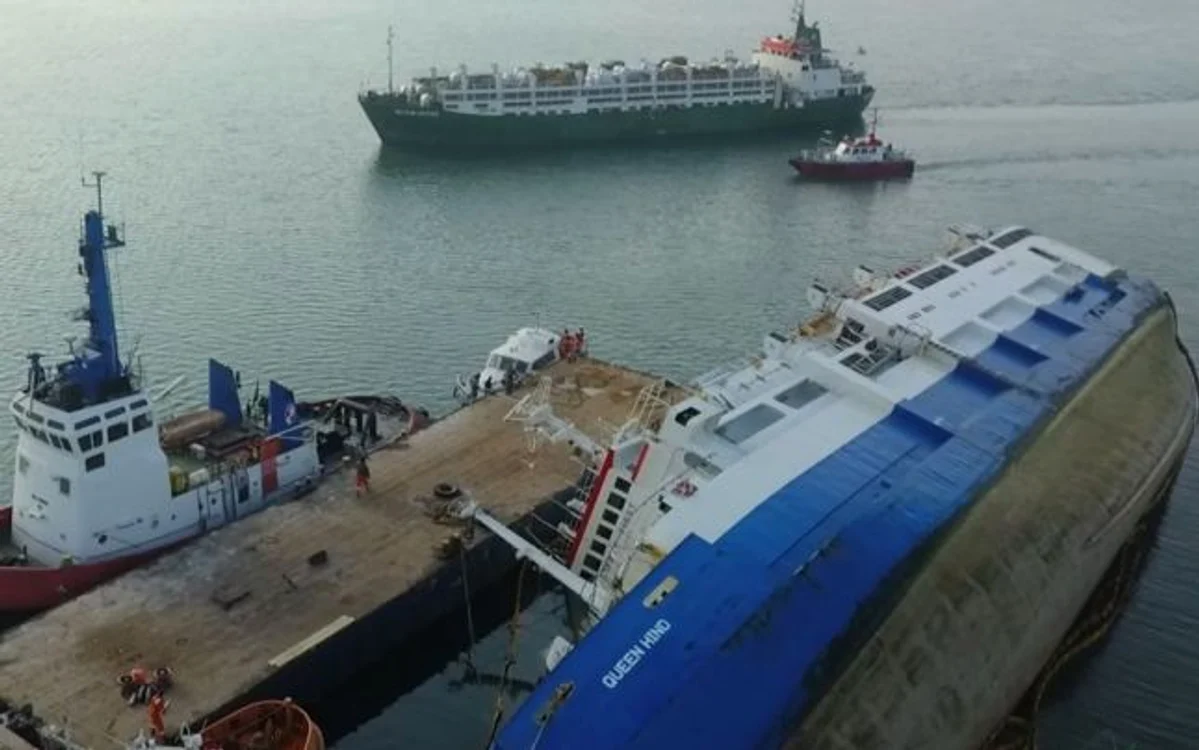 Un vapor transportă animale în apropierea epavei Queen Hind - Portul Midia FOTO: Animals International