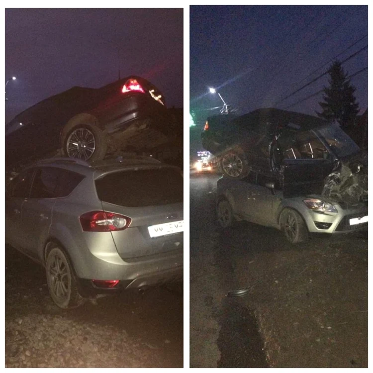 BMW-ul a aterizat pe plafonul maşinii care circula regulamentar din sens opus. FOTO: baiamare24.ro