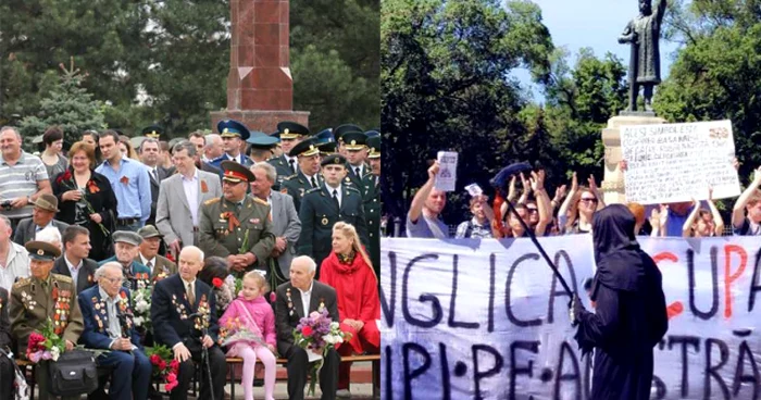 Veteranii celui de-al Doilea Război Mondial (stânga) şi unioniştii care protestează care scandează lozinci antisovietici. Foto: Tudor Iovu/ Constatntin Codreanu